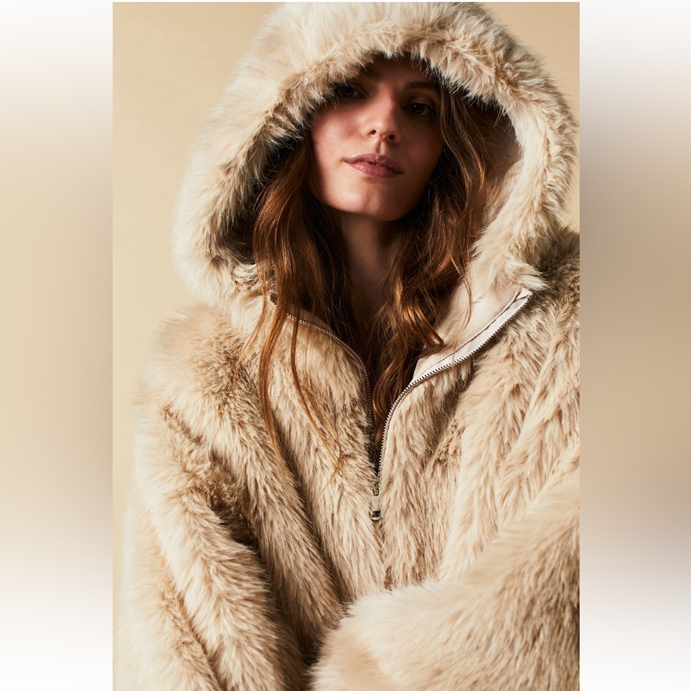 Free People Cream and Tan Teddy Jacket with Cozy Hood